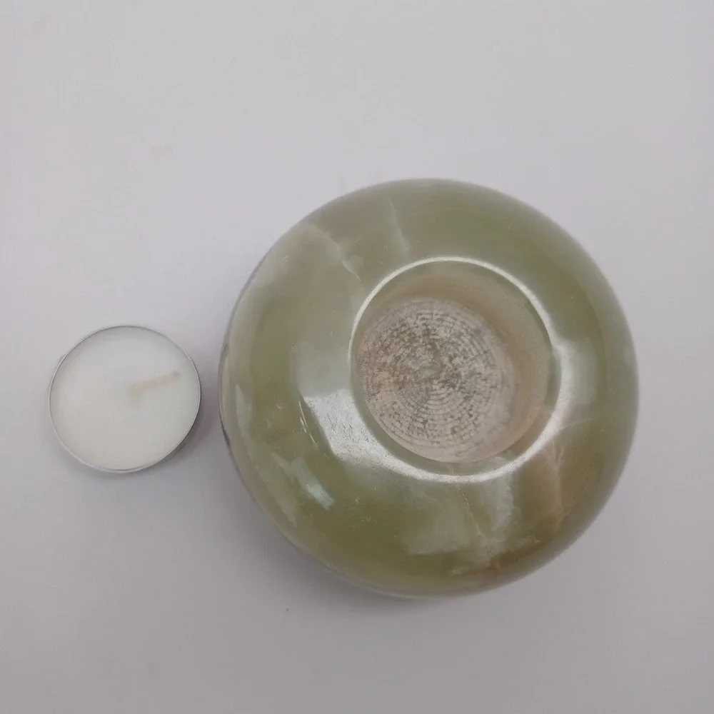Polished Alabaster Onyx Stone Tea Light Candle Holder Green Brown‎ Round Sphere